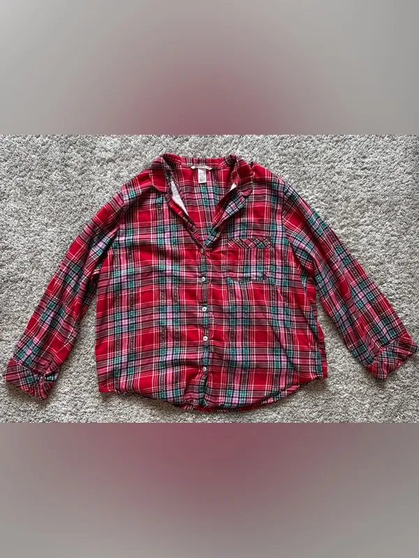 Victoria's Secret Red Pink Green Plaid Flannel Pajama Set Women’s Size Large - Image 7