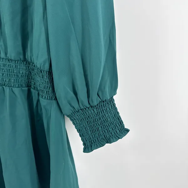Amanda Uprichard Kimmie‎ Teal Green Smocked Mock Neck Keyhole Mini Dress Medium - Image 4