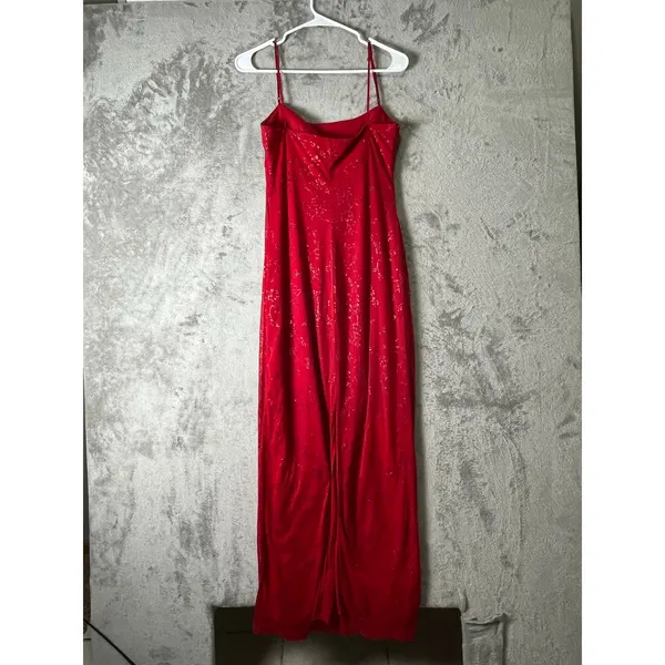 Vintage Y2K Femme Fatale Red Glitter Floral Slip Maxi Dress Romantic Goth Glam M - Image 3