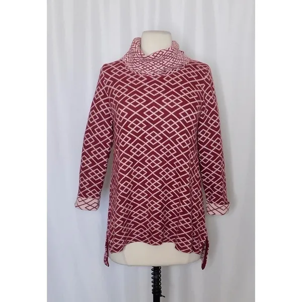 Anthropologie MOTH Galena Cowl Neck Sweater Maroon Pink Jacquard Geometric Small - Image 2