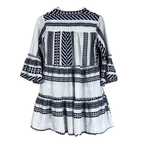 Mi Ami White Blue 100% Cotton Textured 3/4 Sleeve Tiered Mini Dress - Image 5