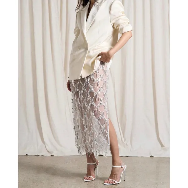 NWT MakeMeChic White Sequin Fringe Mesh Sheer Midi Skirt Sheer Party Medium - Image 4