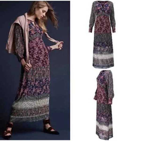CAbi Size-L Festive Maxi Dress Retro Floral Paisley Print Blue Burgundy - Image 2