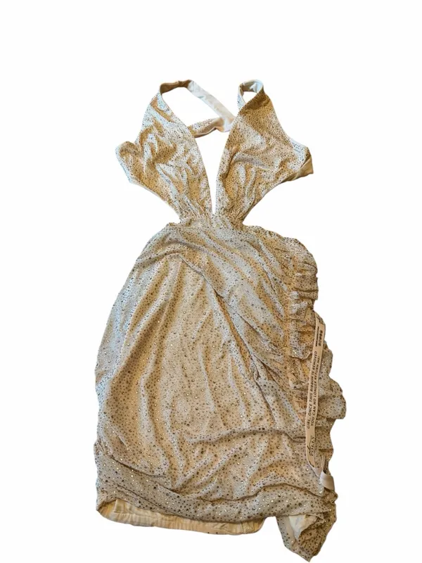 NEW Oh Polly Embellished Plunge Halter Mini Dress Beige Rhinestone US 6 Sequin - Image 7