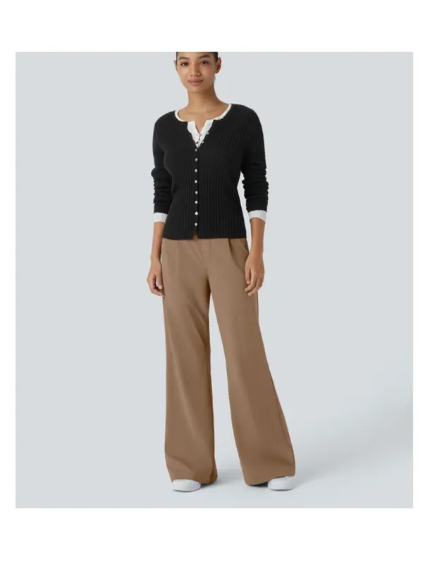 Wide-Leg Camel Trousers Womens Size L High Waist Polyester Blend Dress Pants New - Image 9