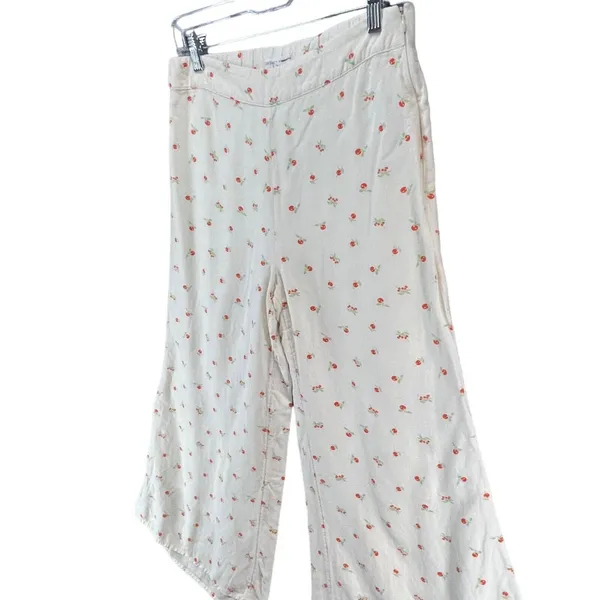 Anthropologie Feather Bone Wide Leg Talise Pants 4 Cream‎ Red Fruit Print Crop - Image 3