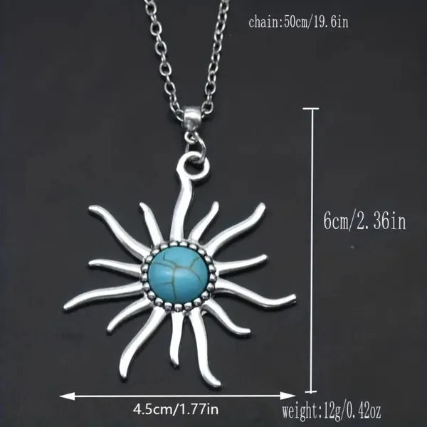 Boho Sunflower Pendant Silver Chain Necklace Cracked Coastal Turquoise Pattern - Image 3