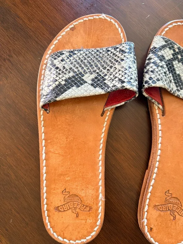 Freebird by Steven Golden Leather Snakeskin Print Slide Sandals - Image 3