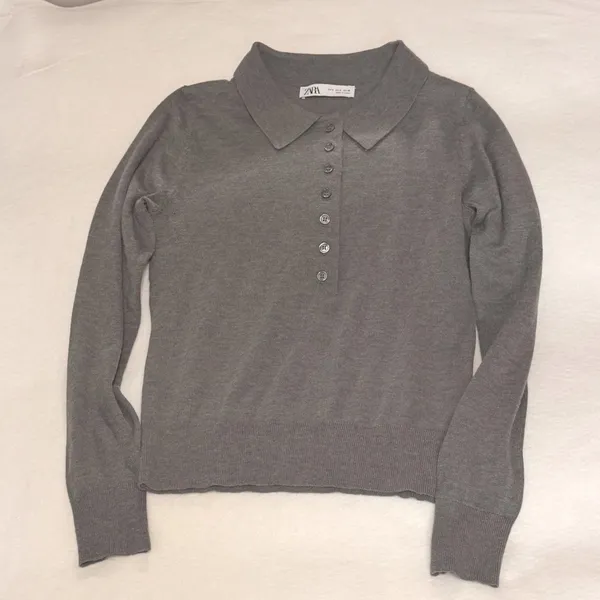 Zara Gray Marl Knit Wool Blend Polo Sweater S Long Sleeve Collared Lightweight - Image 8