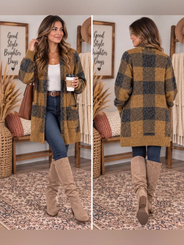 Cyrus Mustard and Charcoal Plaid Open-Front Cardigan - Image 2