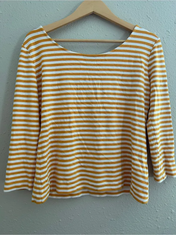 Ann Taylor Yellow Mustard White Striped Long Sleeve Top Scoop Neck Fall Casual - Image 4