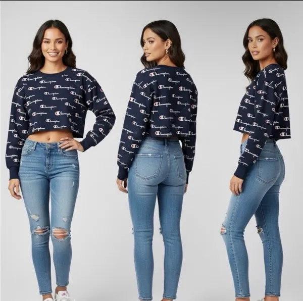 Champion All-Over Logo Print Cropped Crewneck Sweatshirt - Navy Blue - Image 2