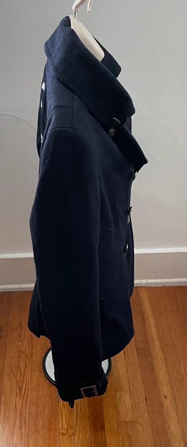 Navy Blue Wool Blend Double Breasted Pea Coat, size M - Image 14