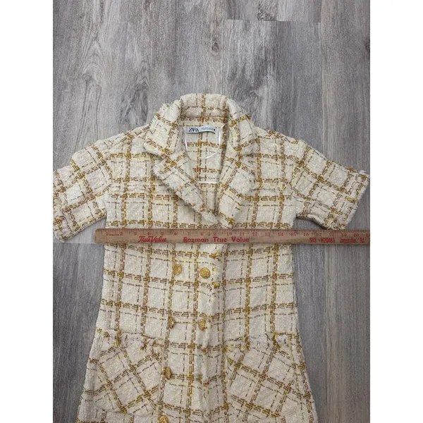 Zara Women Cream Yellow‎ Plaid Tweed Double Breasted Dress Gold Buttons Small - Image 6