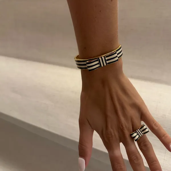 Coach Gold Bow Ring with Navy and White Stripes - Image 2