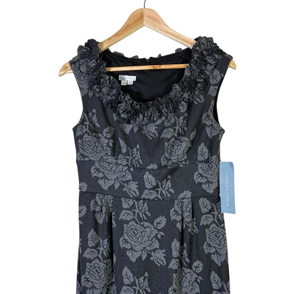 NWT London Times Floral Ruffle Sheath Dress Womens 8 Black Knit Modest Church - Image 3