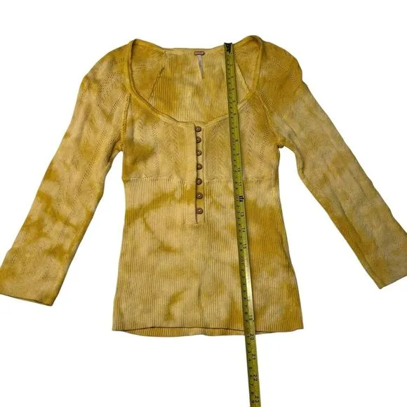 Y2K Free People XS Button Hanley Top‎ 3/4 Sleeve Gold Yellow Pointelle Coquette - Image 10