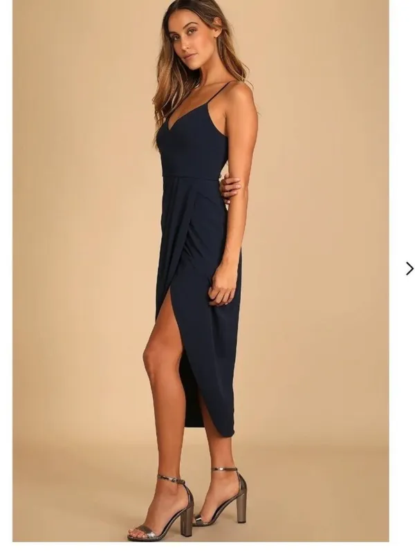 Lulus NWT Reinette Navy Blue Midi Dress Spaghetti Strap Wrap Front Slit Size XL - Image 3