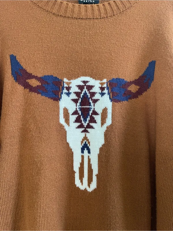 Women’s Wrangler Retro Steer Head Longhorn Skull Sweater Western Aztec Knit‎ L - Image 4