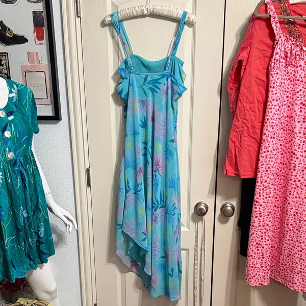 Vintage 90s Summer Floral Asymmetric Hem‎ Ruffle Midi Dress Y2K Resort Beach - Image 3