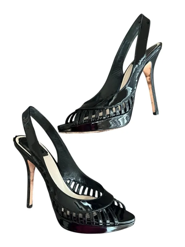 Christian Dior Women’s Whisper Black Patent Leather Peep Toe Sandals Heels 37 - Image 4