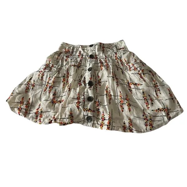 Free People Floral Linen Cotton Button Front Mini Skirt Ivory Women's Size S - Image 2