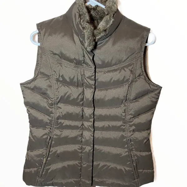 Eddie Bauer Down Puffer Vest Goose Down Full Zip Brown Fur Lined Small - Image 2