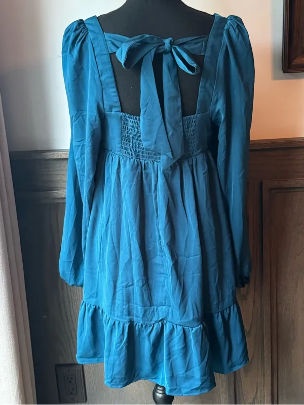 New In Teal Long-Sleeve Pleated Babydoll Dress large nwt - Image 4
