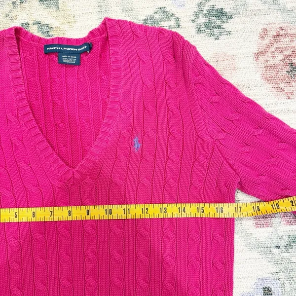 Ralph Lauren Sport Pink Cable Knit Sweater L Preppy Heritage Old Money V Neck - Image 5