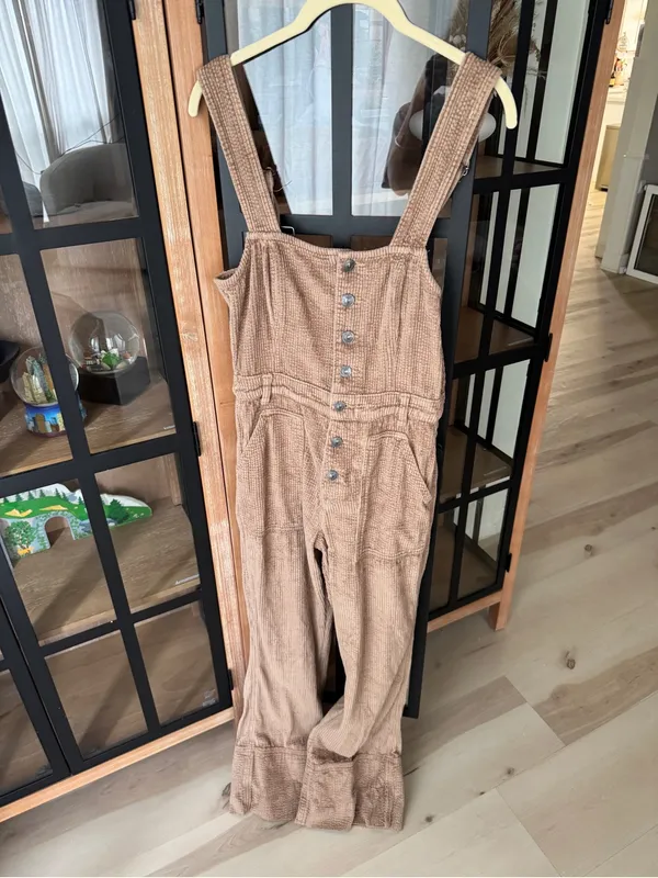 Aerie Corduroy Kick Flare Overalls jumpsuit khaki wide leg cappuccino buttons - Image 2