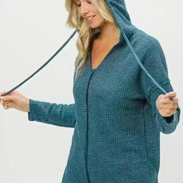 Dark‎ Teal V-Neck Waffle Knit Hoodie Top size S - Image 3