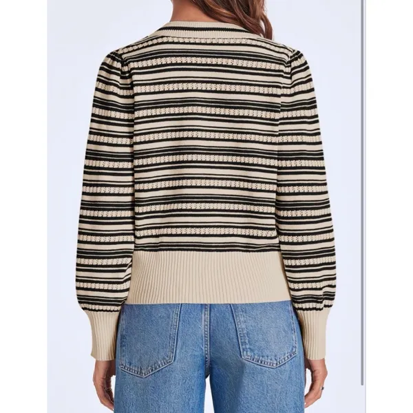 NEW Striped Cropped Sweater V Neck Cute Bow Tie Puff Sleeve S - Image 2