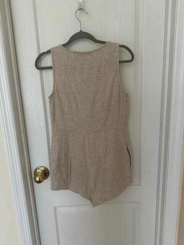 Madewell V-Neck Button Down Romper Womens Linen Blend Sleeveless Beige, Sz 00 - Image 5
