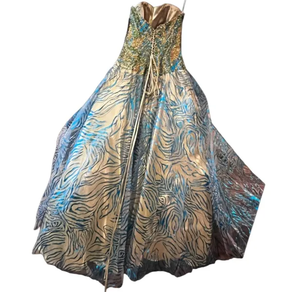 NWT Studio 17 House of Wu Lime Turquoise Gold Strapless Gown 8 - Image 4