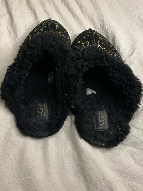 Used UGG Black Suede Slip-On Slippers with Gold Stud Patte women size 8 - Image 3