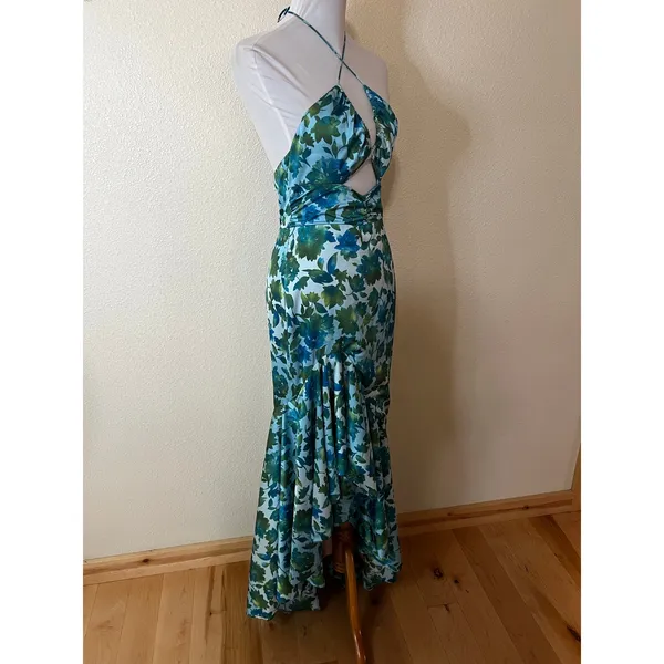 AMUR Blue Green White Edie High Low Tie Neck Floral Gown WOMENS 8 - Image 4