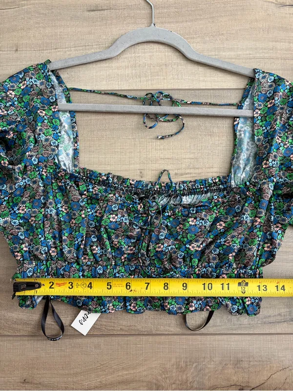 For Love And Lemons Alisa Blue Green Floral Sweetheart Long Sleeve Crop Top NWT - Image 8