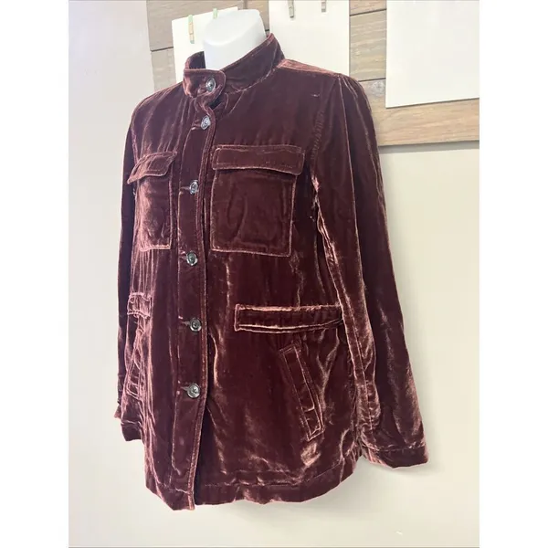 Loft Women’s Velvet Gorgeous Red Button Down Jacket Long Sleeve Pockets Small - Image 4