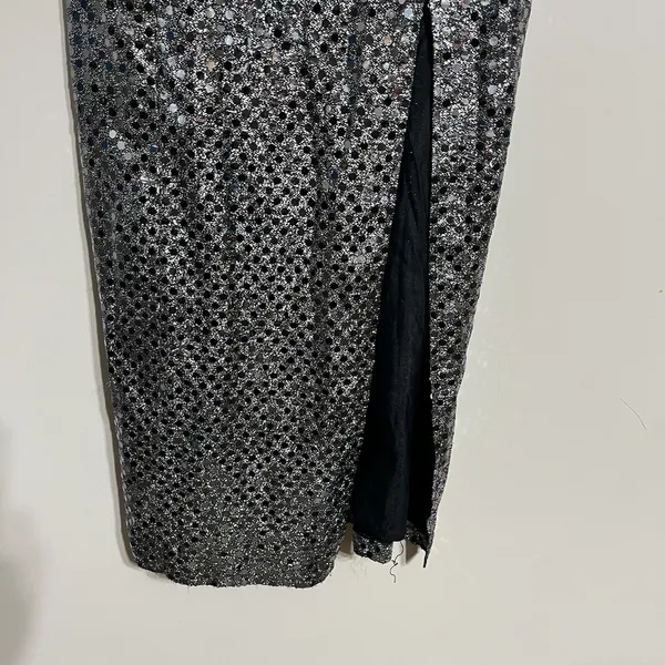 Vintage 90s‎ Silver Sequin Maxi Dress Spaghetti Strap Side Slit Gown Size 10 USA - Image 4