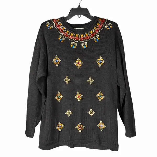 VTG 80s 90s Black Beaded Sweater Size Large Jeweled Embellished Statement Glam - Image 15