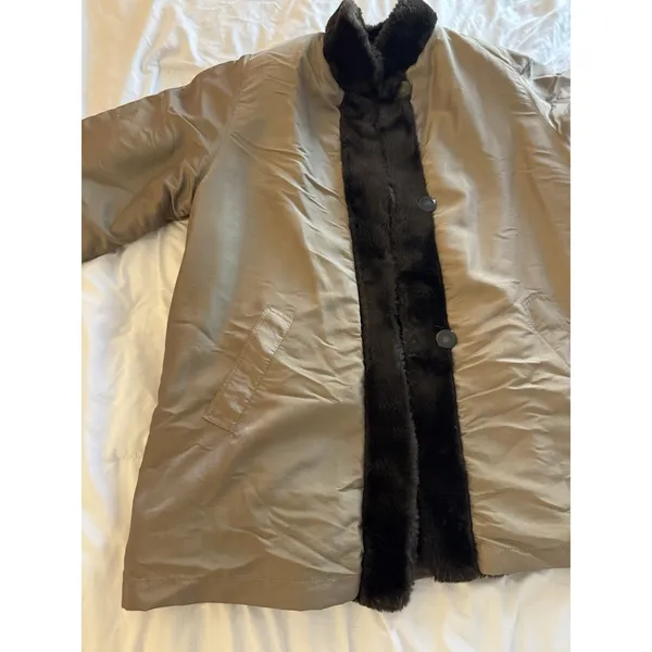 VTG faux fur Coat Reversible Chocolate Brown Beige Old Money - Image 9