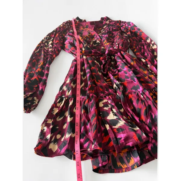 Sirena Abstract Leopard Print Mini Dress Burgundy Pink Long Sleeve Belted Small - Image 6