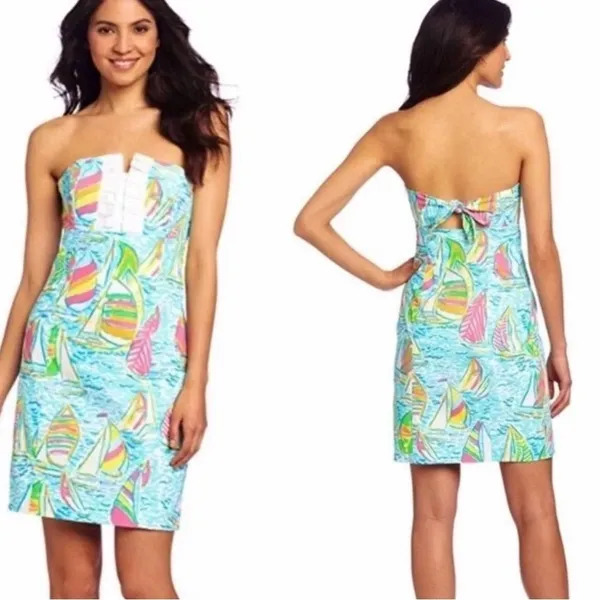 Lilly Pulitzer Franco Dress in You Gotta Regatta Ruffle Back Tie Strapless Dress - Image 2