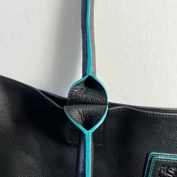 Black Deertan Cowhide Leather Tote Bag Teal Trim Classic‎ Minimalist Purse - Image 5