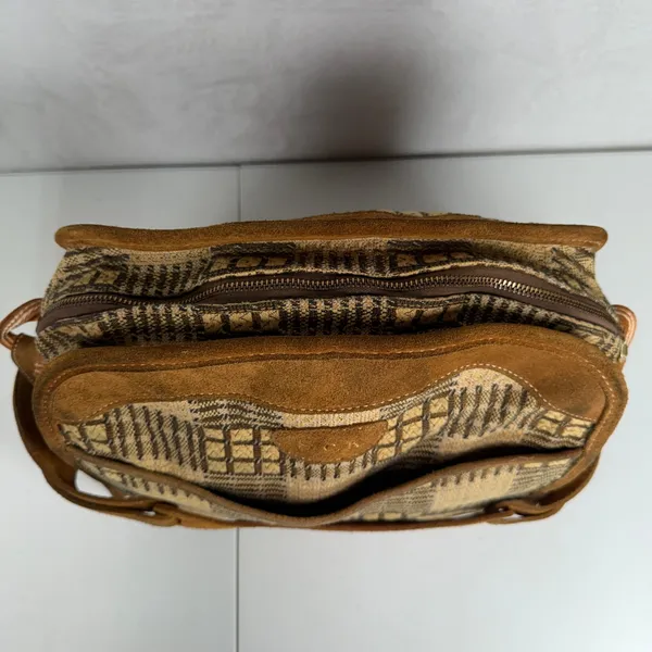 Vintage Brown Suede Tapestry Travel Bag Geometric 70s Boho Weekender Talon Zip - Image 8