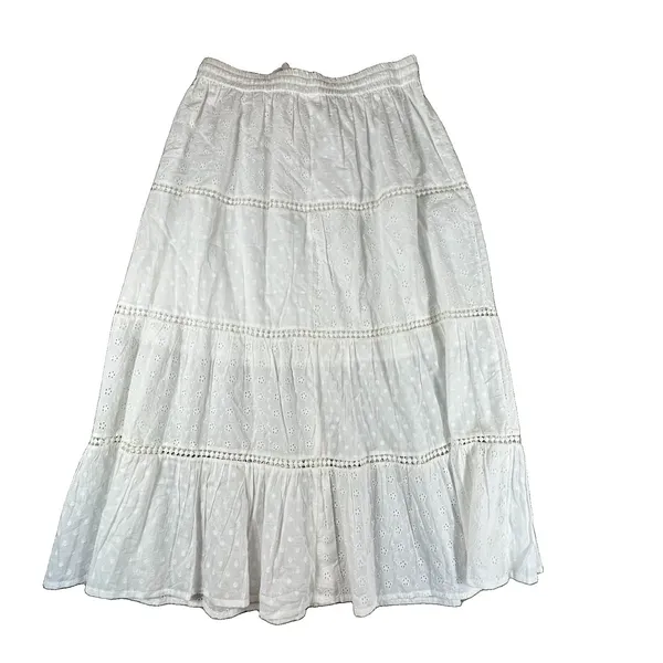 White Eyelet Cotton Maxi Skirt Large Tiered Layered Elastic Pull-On Cottagecore - Image 9