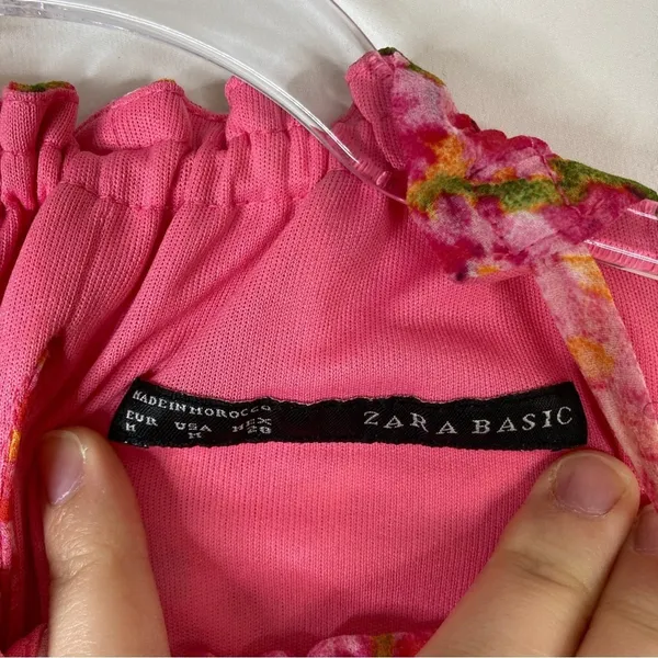 Zara Basic Pink Floral Pleated Ruffle Halter Neck Mini Dress Womens Medium - Image 5