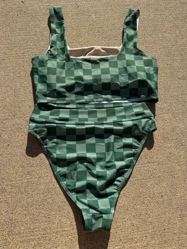 Albion Fit Olivia Swimsuit Green Checkered High Waisted High Cut Small Square Neck - Image 4