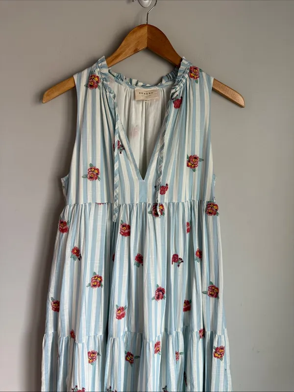 Sézane Blue Stripe Floral Tiered Maxi Dress Far36/US4 - Image 4