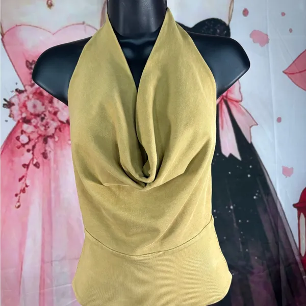 ZARA Olive Green Draped Halter Top with White Wide-Leg Pants - Image 3